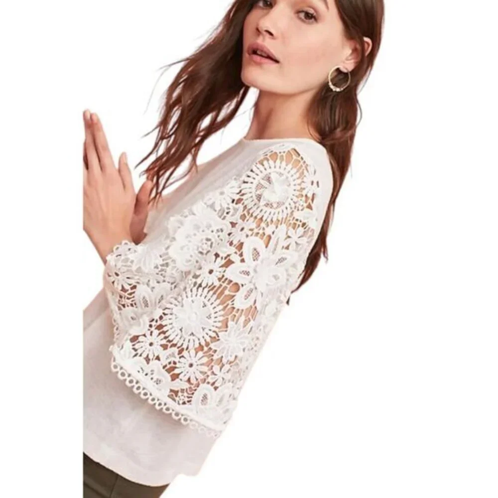 Anthropologie ERI + ALI Samara Lace Embroidered Bell Sleeves Blouse Ivory Large